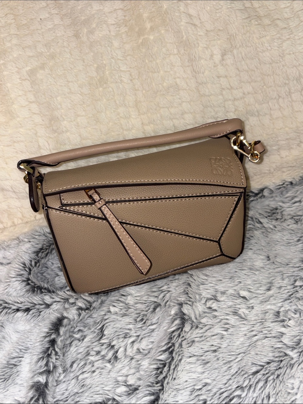 Small Leather Geometric Bag in Taupe
